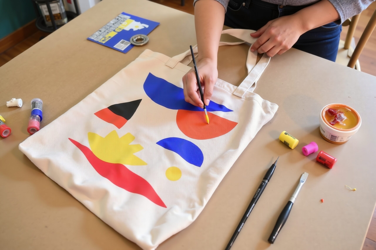 Hands painting abstract art on canvas tote bag for creative diy project 4 personnalisation de tot bag